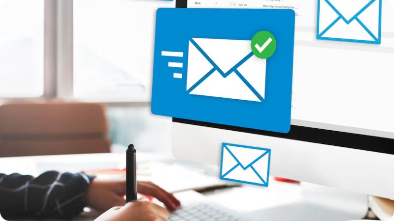 Person working on a computer with multiple email icons displayed on the screen, symbolizing email communication and management.