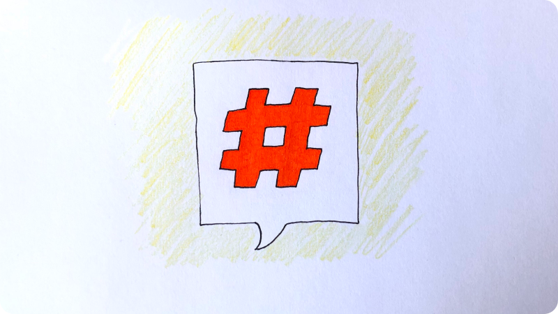 Hand-drawn red hashtag symbol inside a speech bubble on a white background.