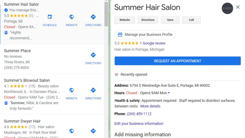 Summer Hair Salon" in Portage, Michigan, which has a 5.0-star rating from one Google review