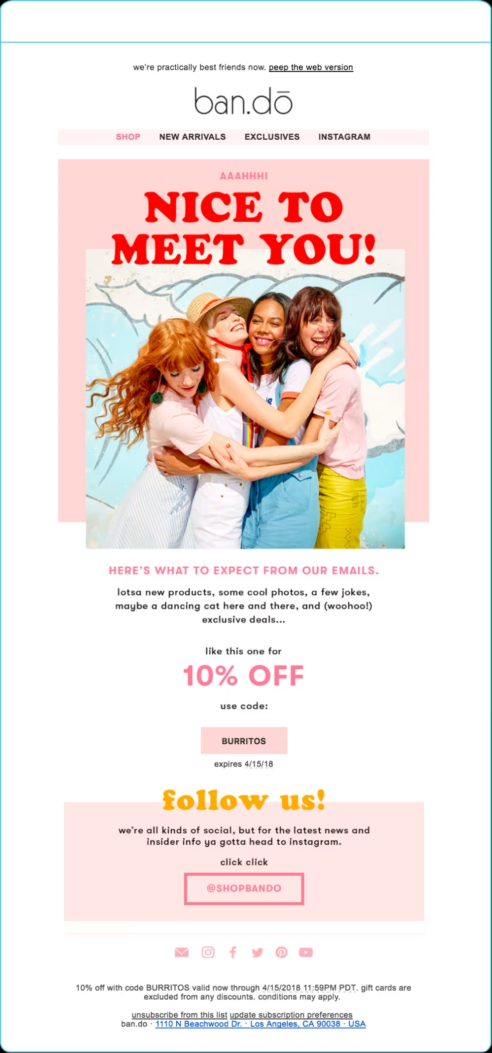 Ban.do welcome email featuring a group of smiling women hugging under the text 'Nice to Meet You!' The email includes information about what to expect from their emails, a 10% off discount code, and social media follow prompts.