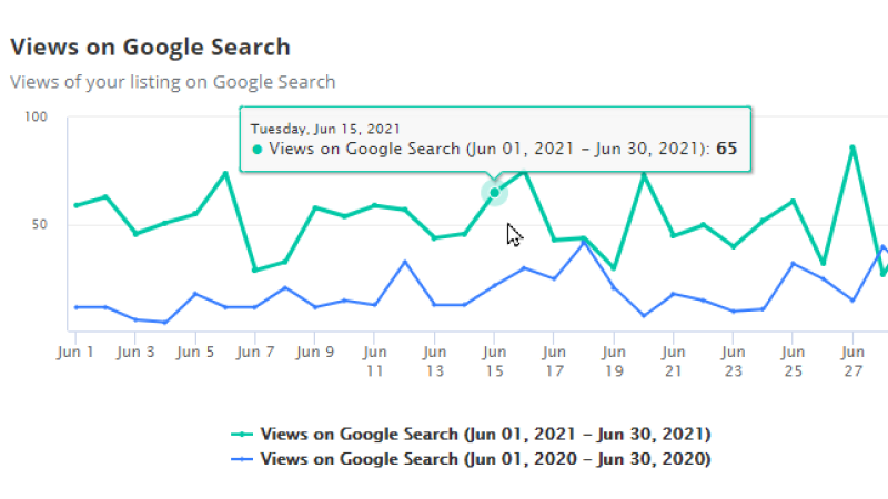 Graph showing views on Google Search for a listing from June 1 to June 30, comparing data from 2021 and 2020, with a highlighted data point on June 15, 2021, showing 65 views.