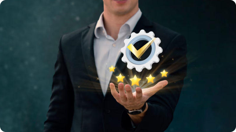 Businessman holding a floating checkmark icon with five gold stars, symbolizing quality assurance or excellent service.