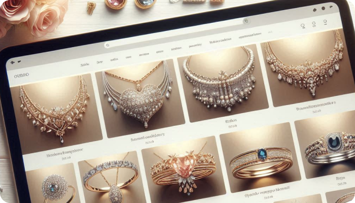 Luxury jewelry website showcasing diamond necklaces and bracelets.
