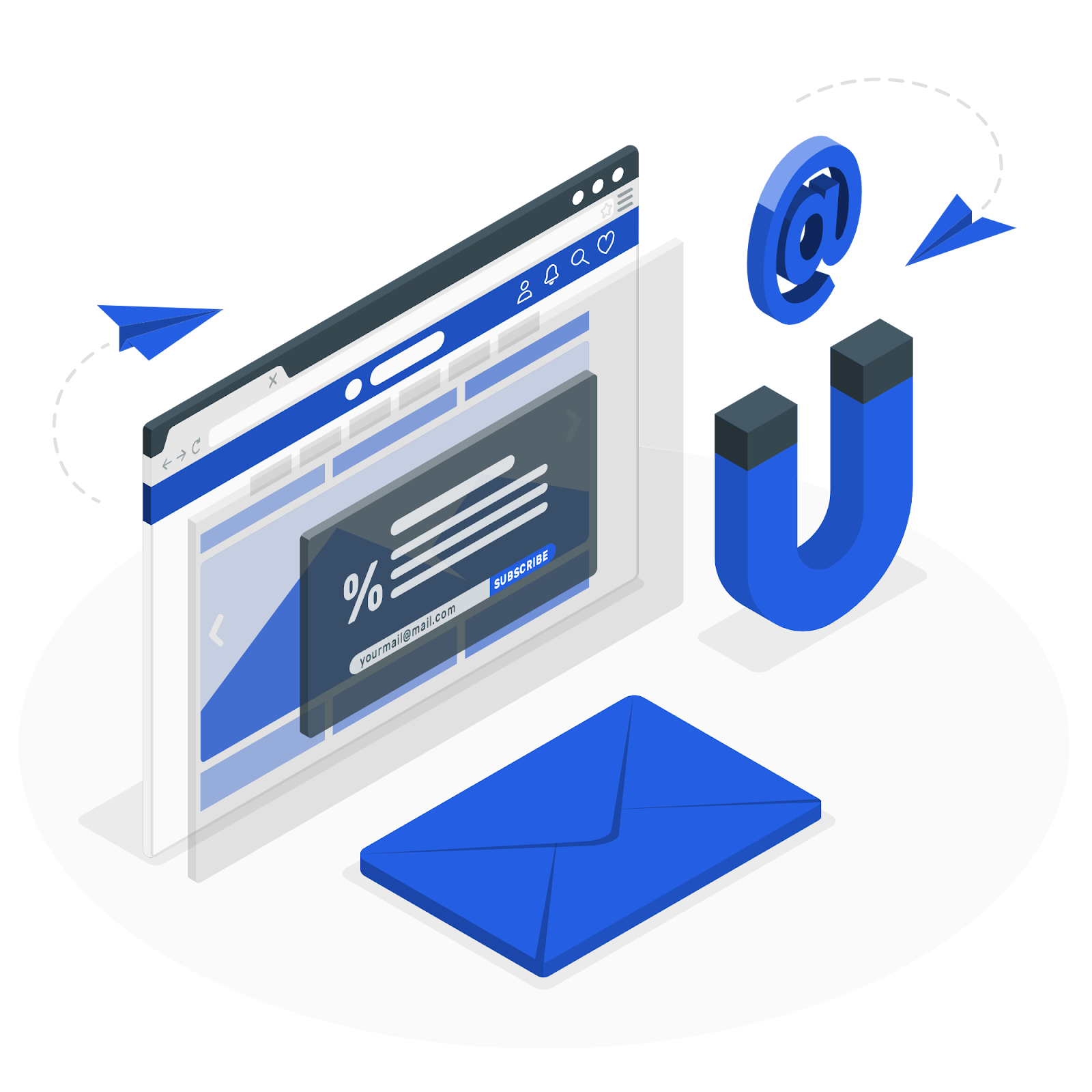 Illustration of a web browser window with an email subscription form, surrounded by icons of an envelope, a magnet, and a paper airplane, representing email marketing and lead generation.