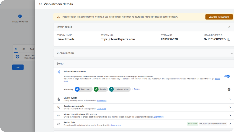 Google Analytics web stream details page showing settings for JewelExperts.com, including stream name, URL, ID, and various event measurement options