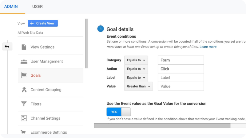 Google Analytics admin section showing the setup of goal details with event conditions, including category, action, label, and value settings.