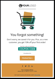 Abandoned cart email template with a shopping cart icon, offering a 10% off coupon code for first-time customers, and a 'Checkout Now' button. Includes social media icons and company contact information at the bottom.