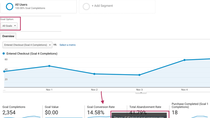 Google Analytics dashboard showing goal completions and conversion rates with a line graph illustrating the entered checkout goal over time.