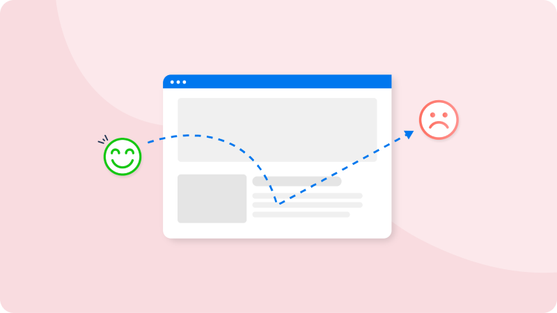Illustration of a web page with a dotted line showing a path from a happy face icon to a sad face icon, symbolizing user experience and website navigation issues leading to user dissatisfaction