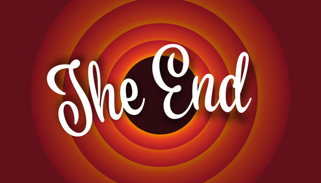 Classic 'The End' screen with white cursive text centered within concentric circles of orange, red, and yellow, creating a retro and nostalgic appearance.